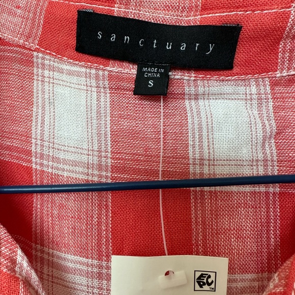 NEW Sanctuary Plaid Linen Blend Short Sleeve Cinched Waist Button Down - Picture 5 of 6